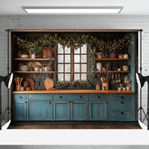 Lofaris Retro Blau Küche Kiefer Blätter Weihnachten Hintergrund